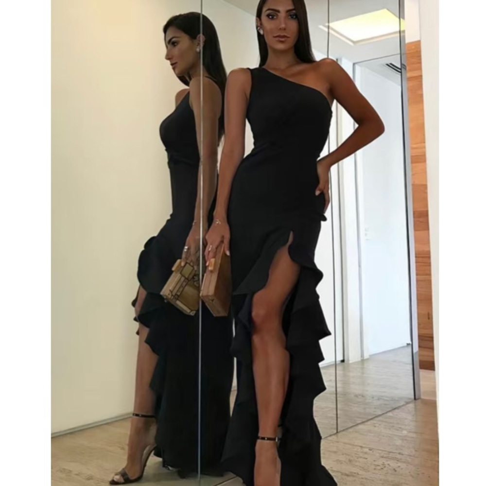 Elegant One Shoulder Longline Maxi Dress Thigh Slit Asymmetrical Ruffle Black